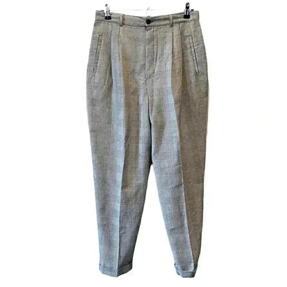 Vintage High Waisted Pleated Trouser Pants  Black White Glen Plaid 12 Petite - Picture 1 of 16